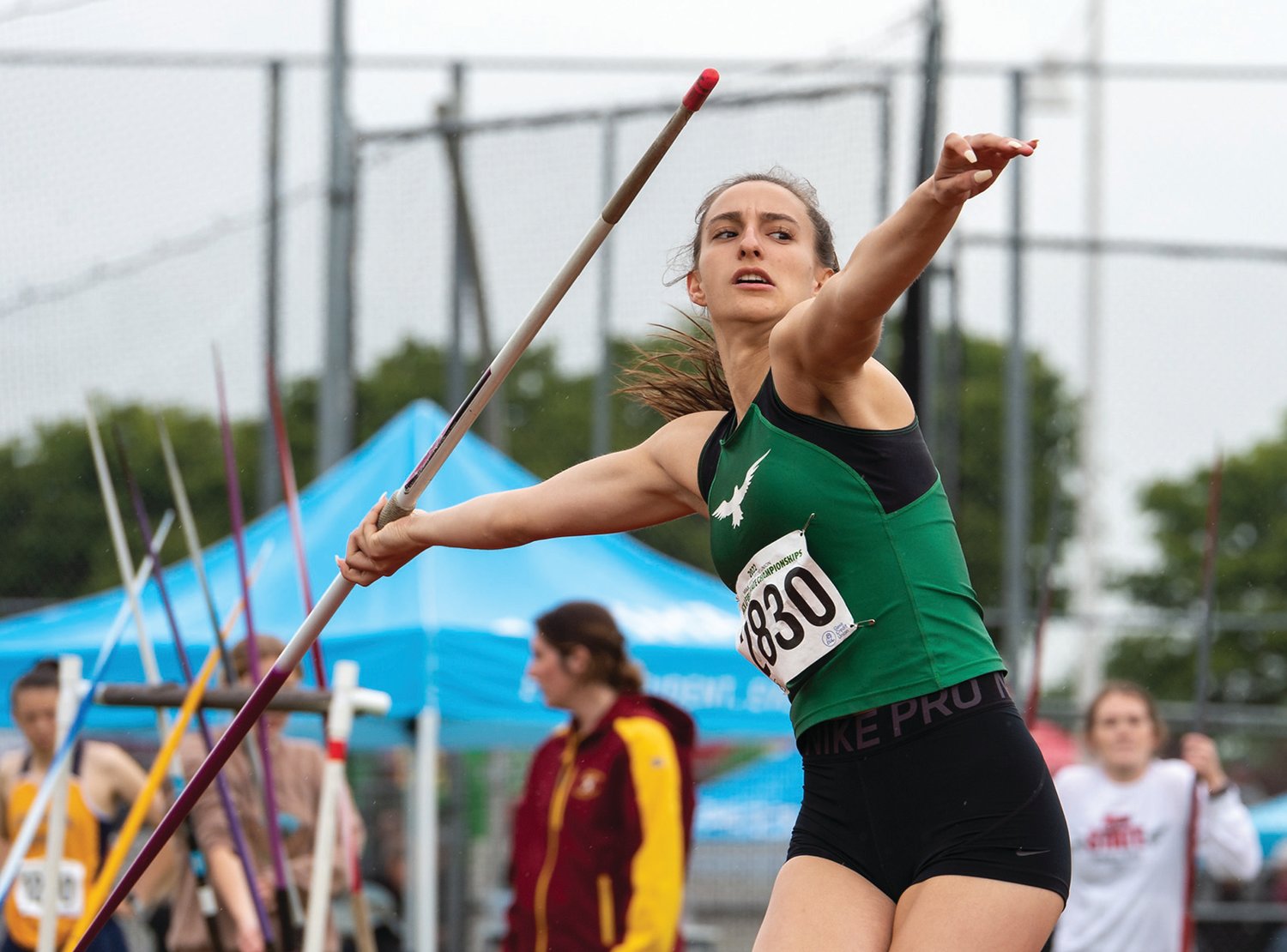 Tumwater's Natalie Sumrok makes an attempt in the 2A Girls Javelin at the 2A/3A/4A State Track and Field Championships on Thursday, May 26, 2022, at Mount Tahoma High School in Tacoma. (Joshua Hart/For The Chronicle)